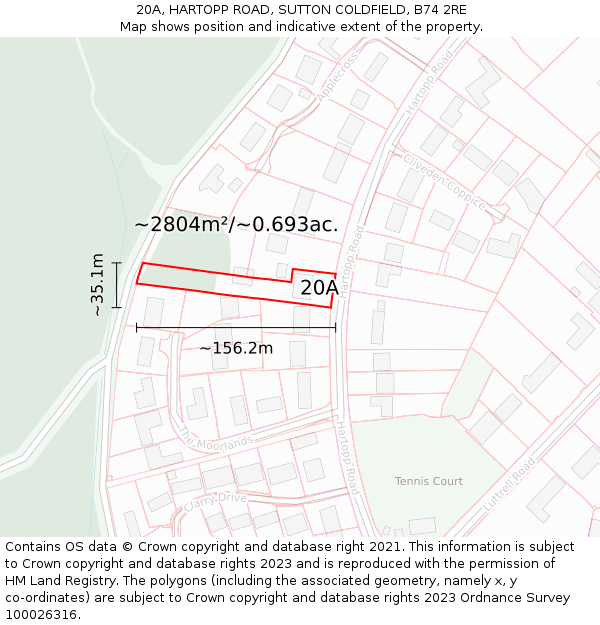 20A, HARTOPP ROAD, SUTTON COLDFIELD, B74 2RE: Plot and title map