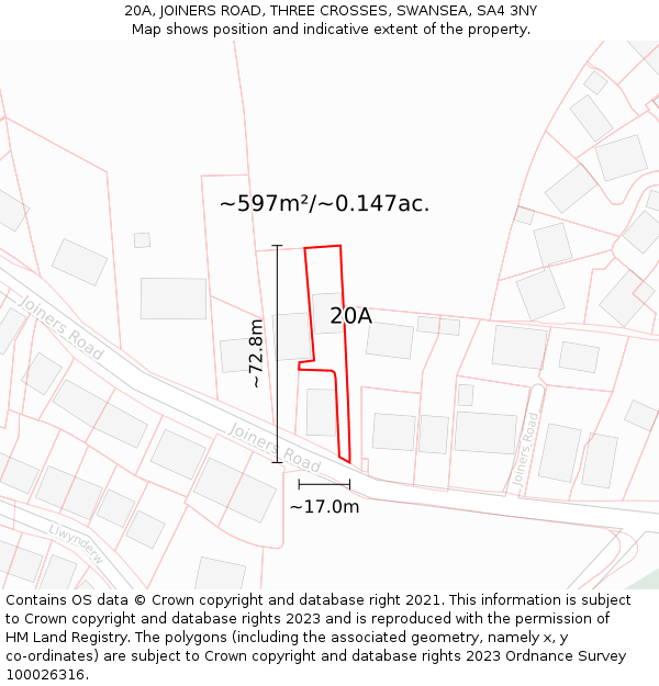 20A, JOINERS ROAD, THREE CROSSES, SWANSEA, SA4 3NY: Plot and title map