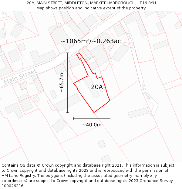 20A, MAIN STREET, MIDDLETON, MARKET HARBOROUGH, LE16 8YU: Plot and title map