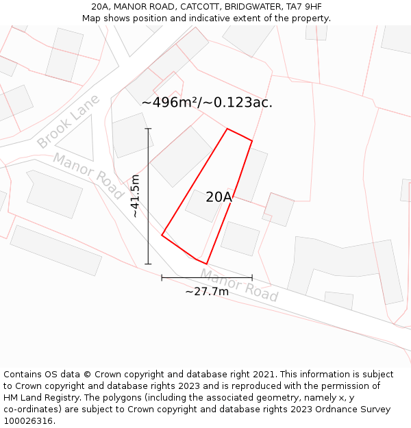 20A, MANOR ROAD, CATCOTT, BRIDGWATER, TA7 9HF: Plot and title map