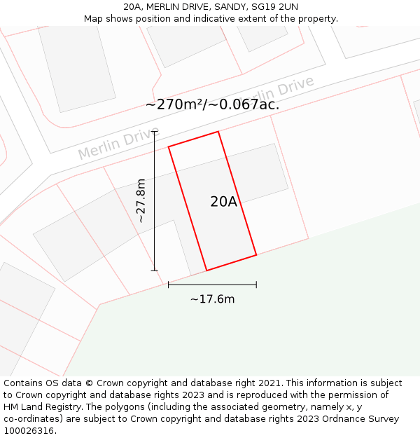 20A, MERLIN DRIVE, SANDY, SG19 2UN: Plot and title map