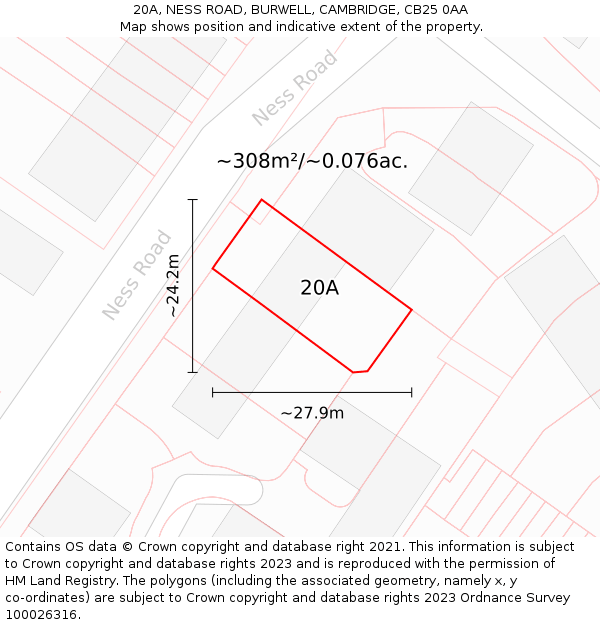 20A, NESS ROAD, BURWELL, CAMBRIDGE, CB25 0AA: Plot and title map