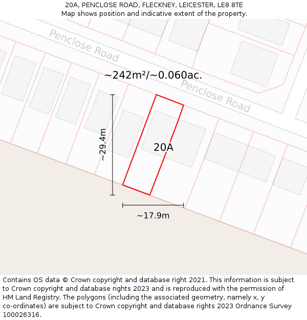 20A, PENCLOSE ROAD, FLECKNEY, LEICESTER, LE8 8TE: Plot and title map