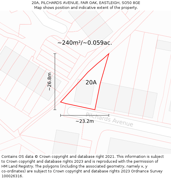 20A, PILCHARDS AVENUE, FAIR OAK, EASTLEIGH, SO50 8GE: Plot and title map