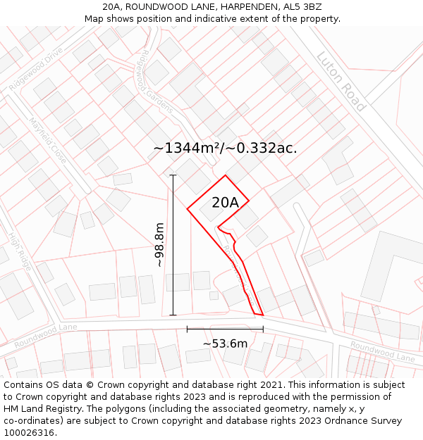 20A, ROUNDWOOD LANE, HARPENDEN, AL5 3BZ: Plot and title map