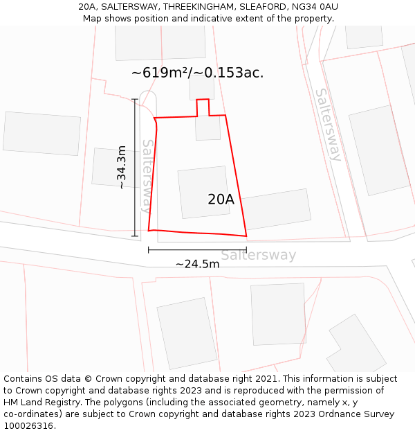 20A, SALTERSWAY, THREEKINGHAM, SLEAFORD, NG34 0AU: Plot and title map