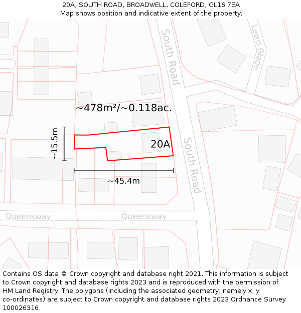 20A, SOUTH ROAD, BROADWELL, COLEFORD, GL16 7EA: Plot and title map