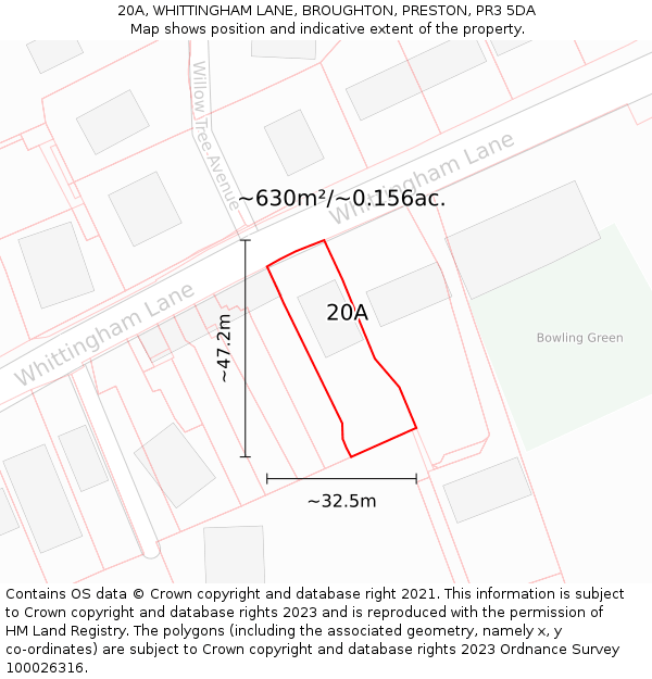 20A, WHITTINGHAM LANE, BROUGHTON, PRESTON, PR3 5DA: Plot and title map