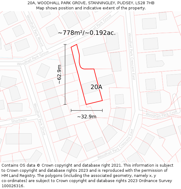 20A, WOODHALL PARK GROVE, STANNINGLEY, PUDSEY, LS28 7HB: Plot and title map