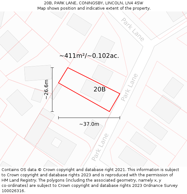 20B, PARK LANE, CONINGSBY, LINCOLN, LN4 4SW: Plot and title map