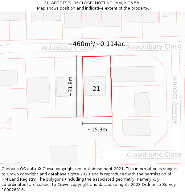 21, ABBOTSBURY CLOSE, NOTTINGHAM, NG5 5AL: Plot and title map