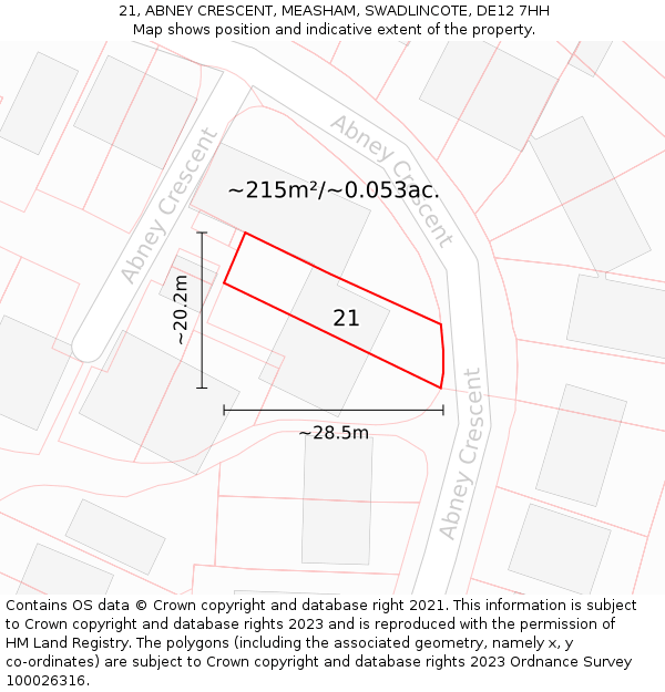 21, ABNEY CRESCENT, MEASHAM, SWADLINCOTE, DE12 7HH: Plot and title map