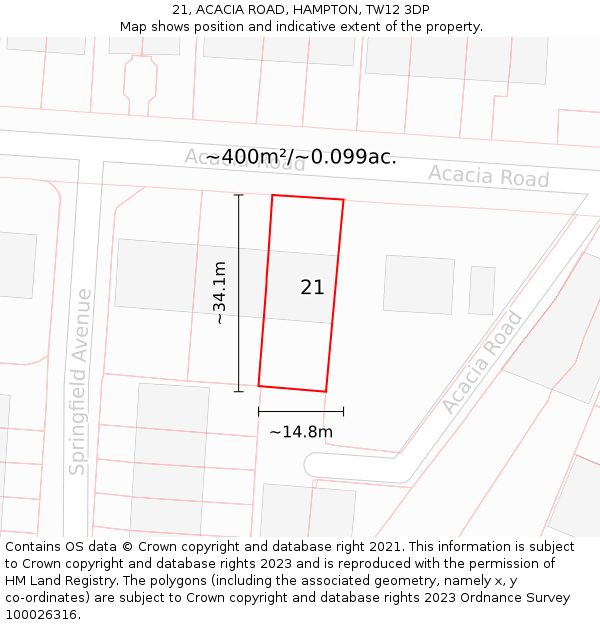 21, ACACIA ROAD, HAMPTON, TW12 3DP: Plot and title map