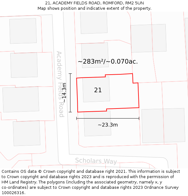 21, ACADEMY FIELDS ROAD, ROMFORD, RM2 5UN: Plot and title map