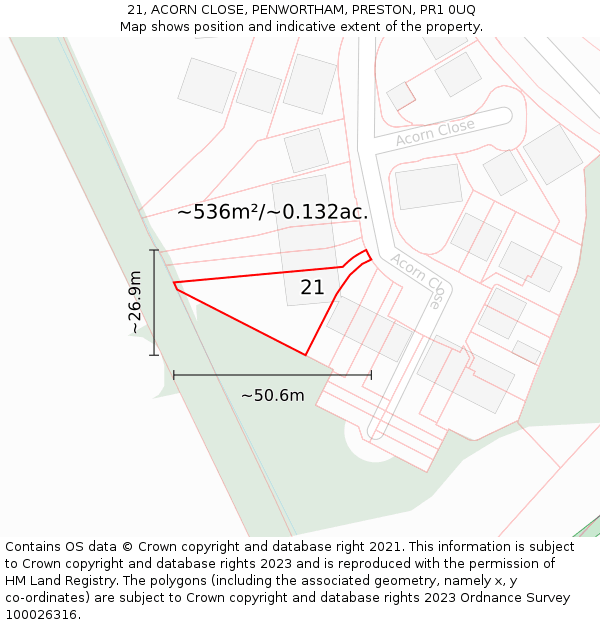 21, ACORN CLOSE, PENWORTHAM, PRESTON, PR1 0UQ: Plot and title map