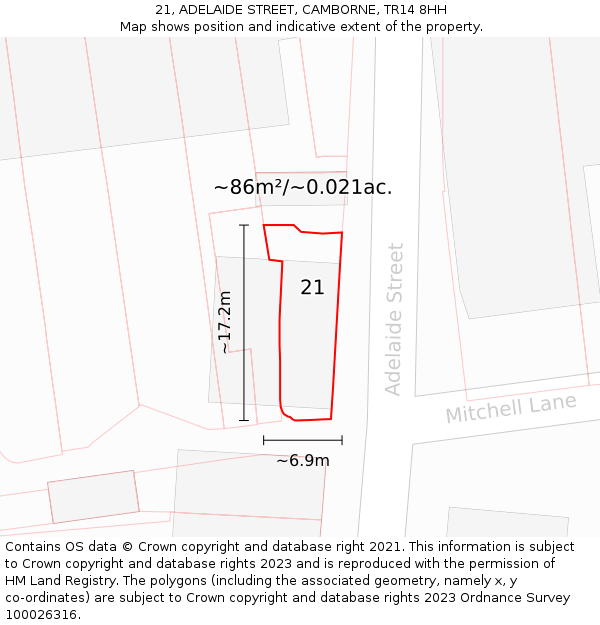 21, ADELAIDE STREET, CAMBORNE, TR14 8HH: Plot and title map