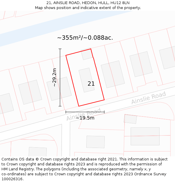 21, AINSLIE ROAD, HEDON, HULL, HU12 8LN: Plot and title map