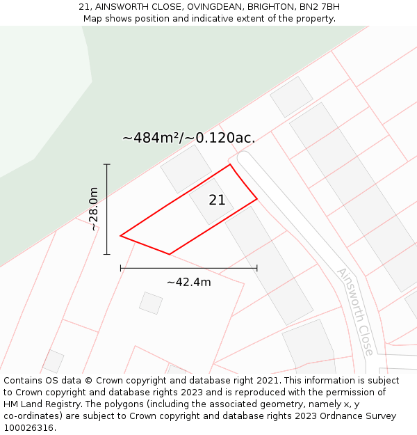 21, AINSWORTH CLOSE, OVINGDEAN, BRIGHTON, BN2 7BH: Plot and title map