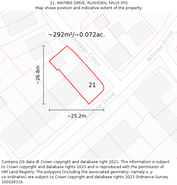 21, AINTREE DRIVE, RUSHDEN, NN10 0YS: Plot and title map