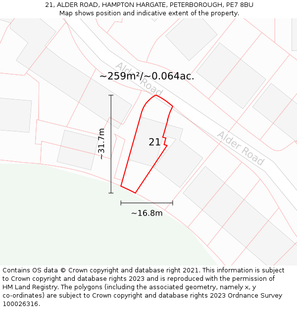 21, ALDER ROAD, HAMPTON HARGATE, PETERBOROUGH, PE7 8BU: Plot and title map