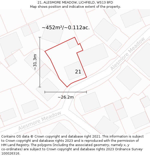 21, ALESMORE MEADOW, LICHFIELD, WS13 8FD: Plot and title map