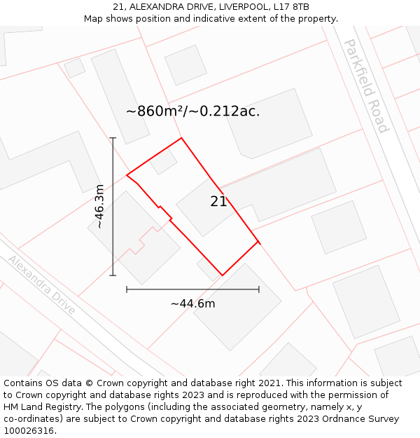 21, ALEXANDRA DRIVE, LIVERPOOL, L17 8TB: Plot and title map
