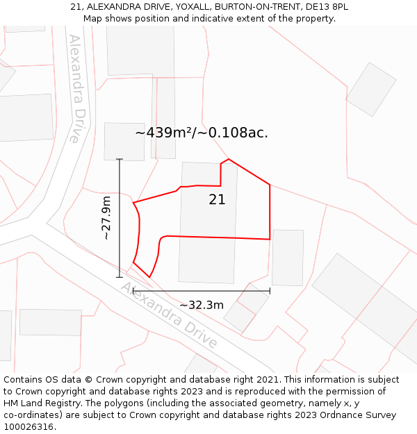 21, ALEXANDRA DRIVE, YOXALL, BURTON-ON-TRENT, DE13 8PL: Plot and title map