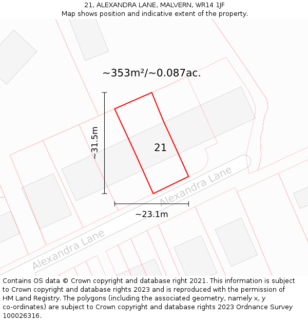 21, ALEXANDRA LANE, MALVERN, WR14 1JF: Plot and title map
