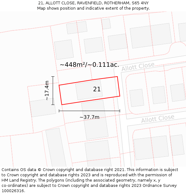 21, ALLOTT CLOSE, RAVENFIELD, ROTHERHAM, S65 4NY: Plot and title map