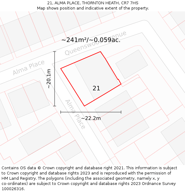 21, ALMA PLACE, THORNTON HEATH, CR7 7HS: Plot and title map