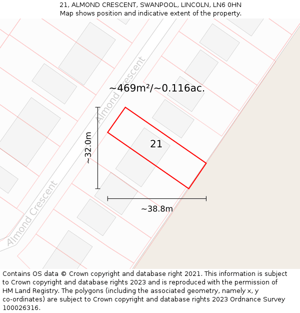 21, ALMOND CRESCENT, SWANPOOL, LINCOLN, LN6 0HN: Plot and title map