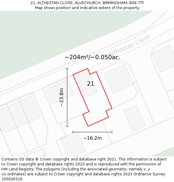 21, ALTHESTAN CLOSE, ALVECHURCH, BIRMINGHAM, B48 7TF: Plot and title map