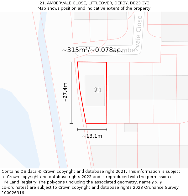 21, AMBERVALE CLOSE, LITTLEOVER, DERBY, DE23 3YB: Plot and title map