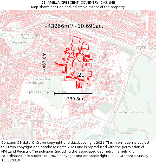 21, AMELIA CRESCENT, COVENTRY, CV3 1NB: Plot and title map