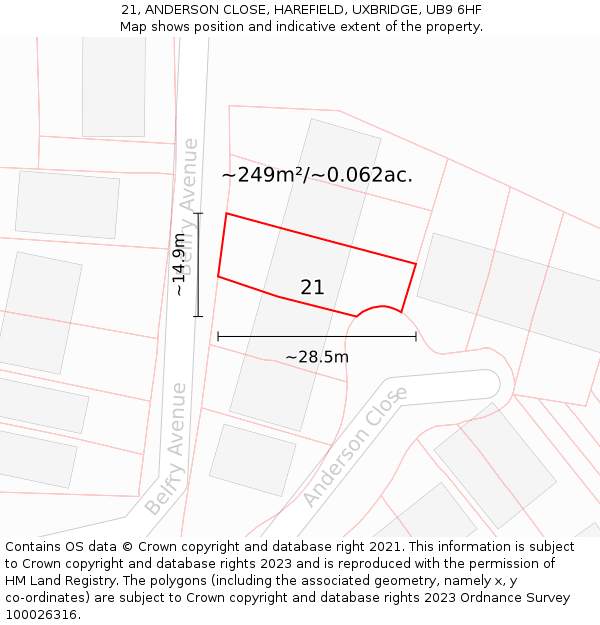 21, ANDERSON CLOSE, HAREFIELD, UXBRIDGE, UB9 6HF: Plot and title map