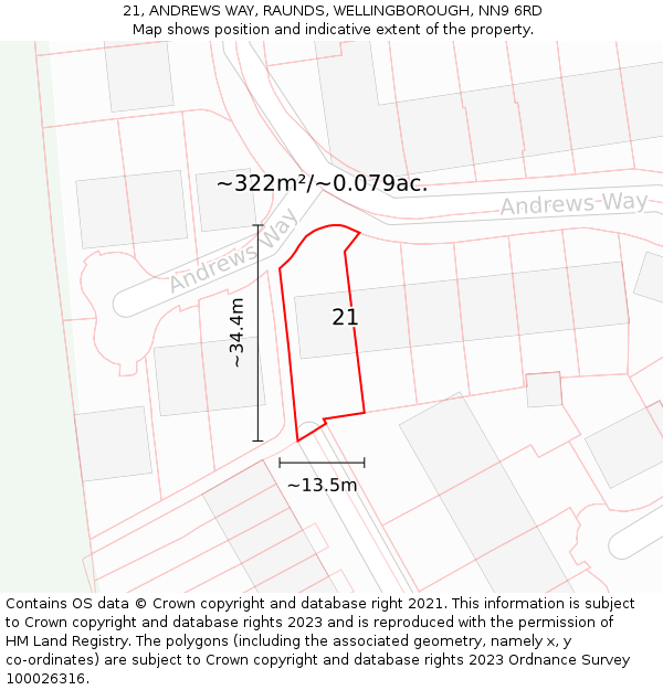 21, ANDREWS WAY, RAUNDS, WELLINGBOROUGH, NN9 6RD: Plot and title map