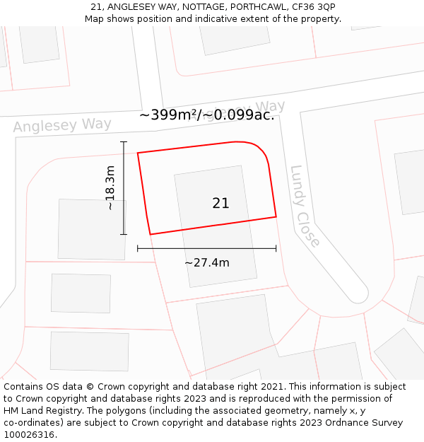 21, ANGLESEY WAY, NOTTAGE, PORTHCAWL, CF36 3QP: Plot and title map