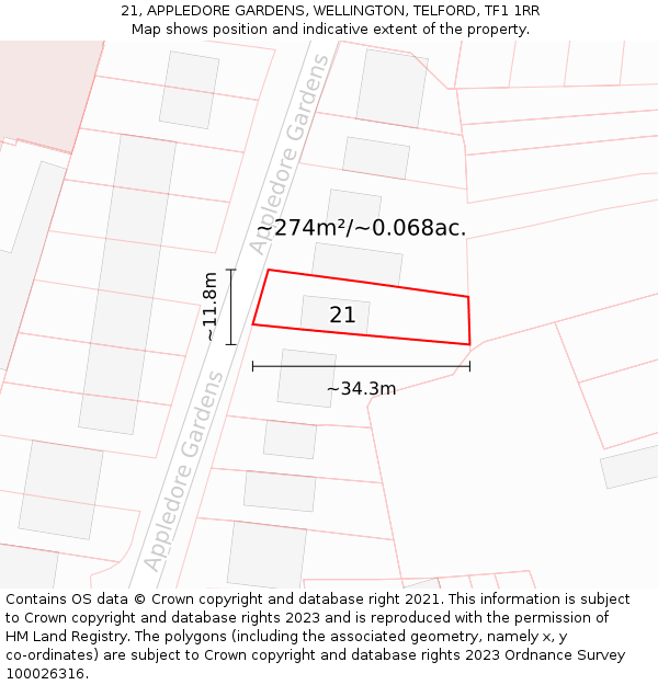 21, APPLEDORE GARDENS, WELLINGTON, TELFORD, TF1 1RR: Plot and title map