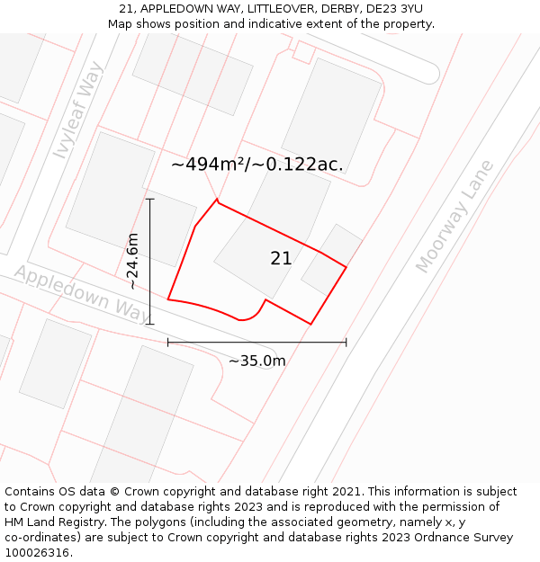 21, APPLEDOWN WAY, LITTLEOVER, DERBY, DE23 3YU: Plot and title map