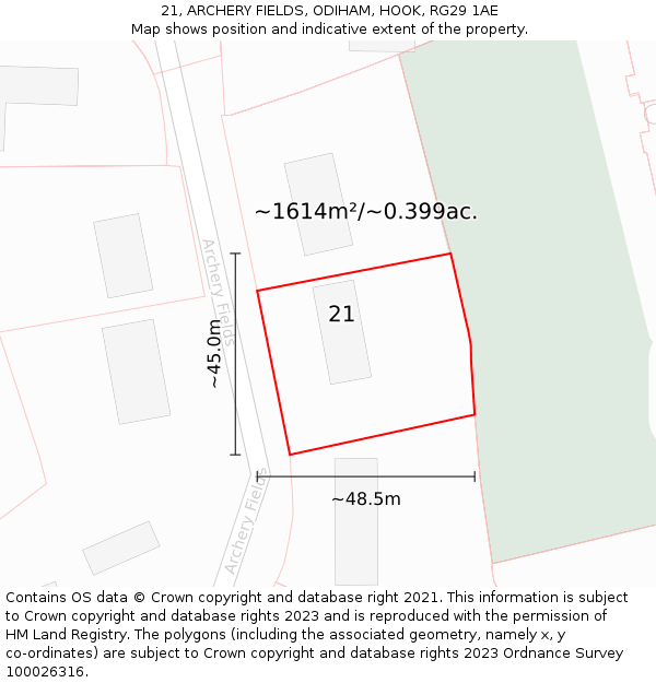 21, ARCHERY FIELDS, ODIHAM, HOOK, RG29 1AE: Plot and title map