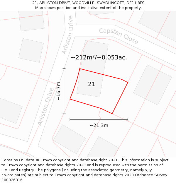 21, ARLISTON DRIVE, WOODVILLE, SWADLINCOTE, DE11 8FS: Plot and title map
