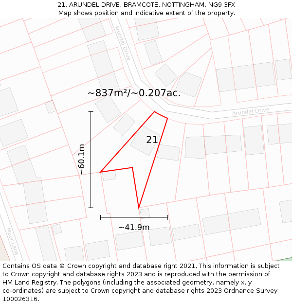21, ARUNDEL DRIVE, BRAMCOTE, NOTTINGHAM, NG9 3FX: Plot and title map