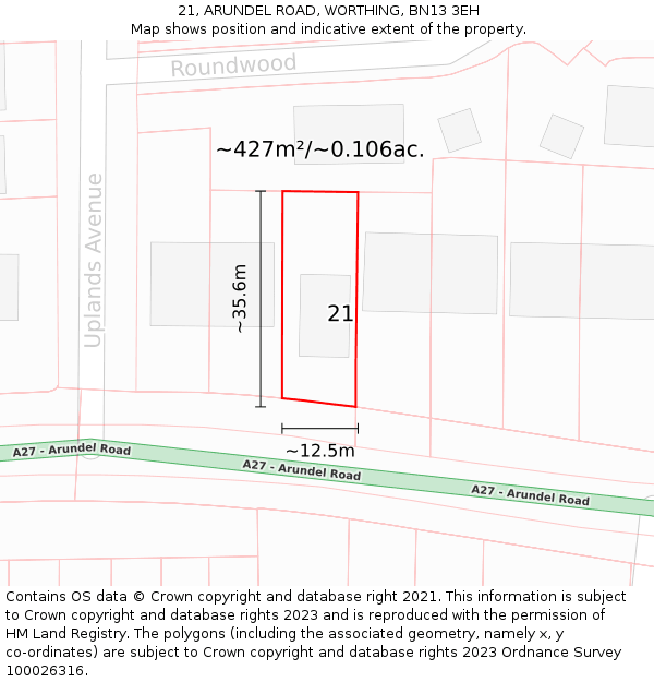 21, ARUNDEL ROAD, WORTHING, BN13 3EH: Plot and title map