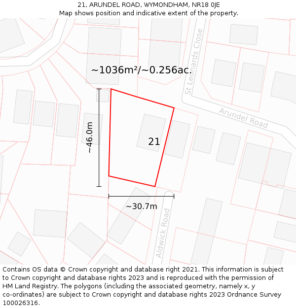 21, ARUNDEL ROAD, WYMONDHAM, NR18 0JE: Plot and title map