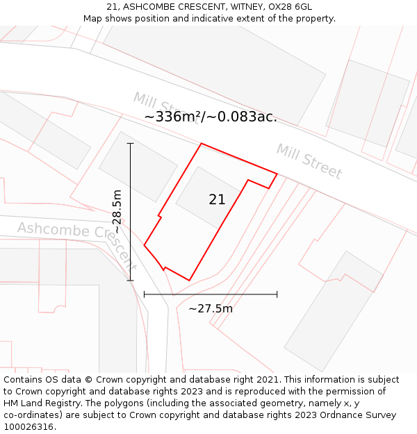 21, ASHCOMBE CRESCENT, WITNEY, OX28 6GL: Plot and title map