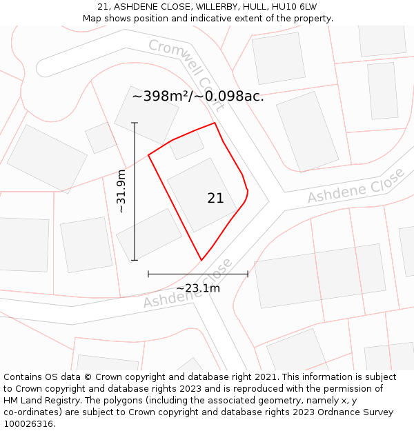21, ASHDENE CLOSE, WILLERBY, HULL, HU10 6LW: Plot and title map