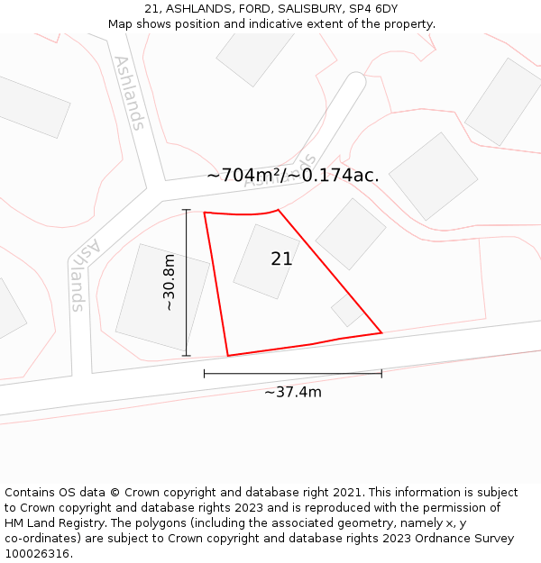 21, ASHLANDS, FORD, SALISBURY, SP4 6DY: Plot and title map