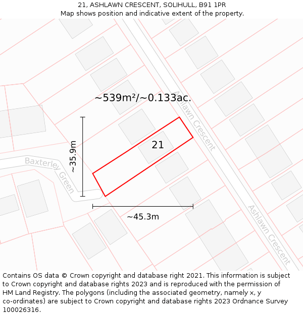 21, ASHLAWN CRESCENT, SOLIHULL, B91 1PR: Plot and title map