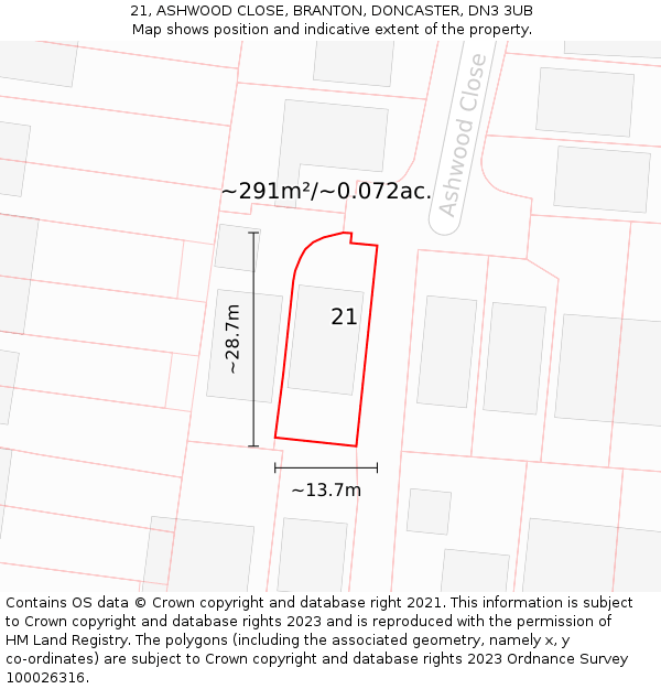 21, ASHWOOD CLOSE, BRANTON, DONCASTER, DN3 3UB: Plot and title map