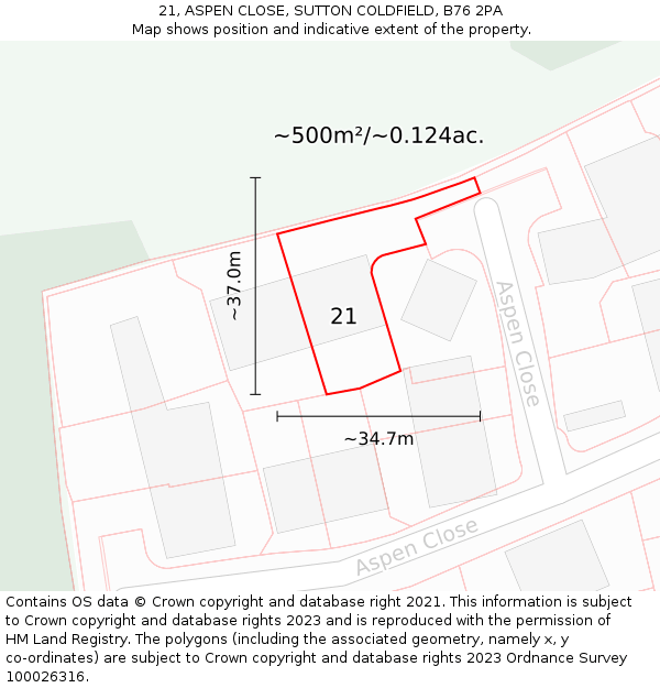 21, ASPEN CLOSE, SUTTON COLDFIELD, B76 2PA: Plot and title map